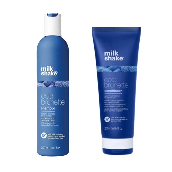 Pachet pentru Neutralizarea Tonurilor de Rosu/Portocaliu pentru par Brunet/Saten - Milk Shake Cold Brunette: Sampon Cold Brunette Shampoo, 300 ml + Balsam Cold Brunette Conditioner, 250 ml - Sophie Lashes Shop